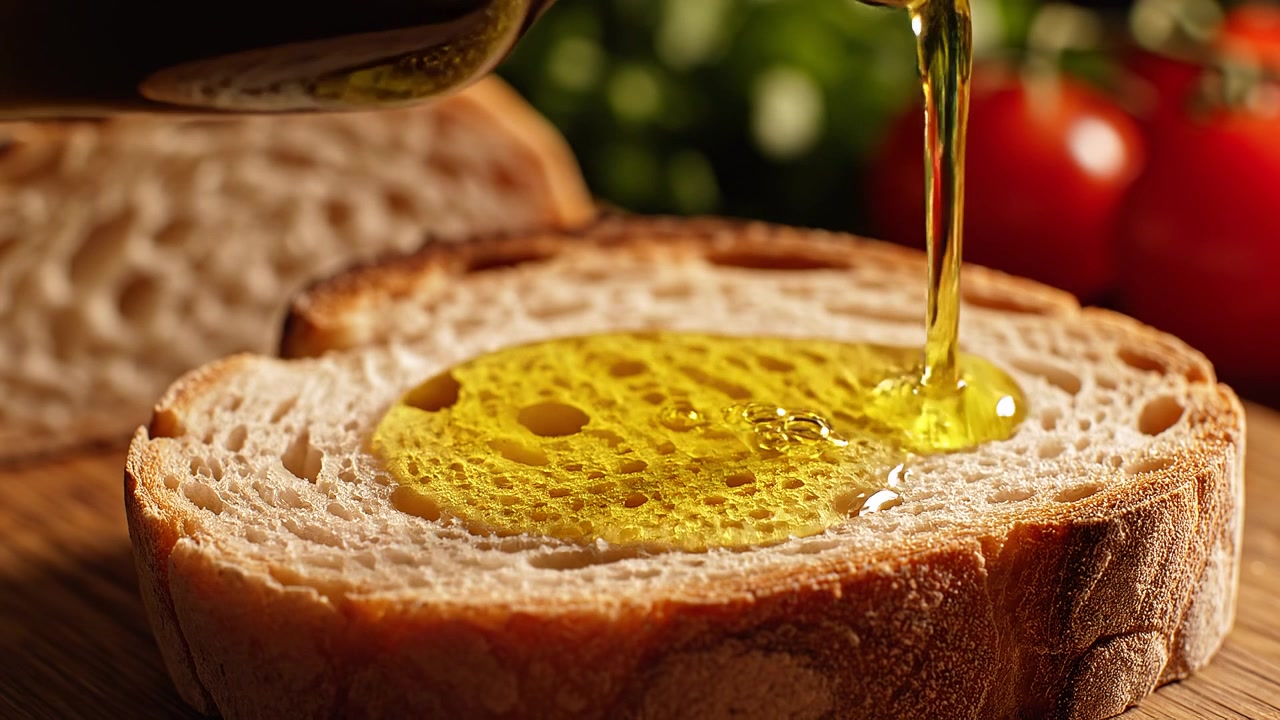 Olio d'oliva dorato che cola su una fetta di pane croccante