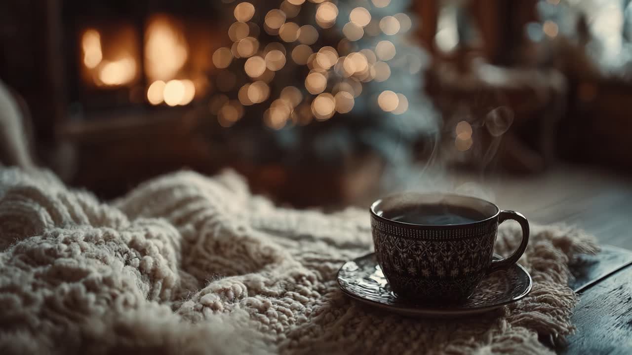Cozy Winter Evening: A Steaming Cup of Coffee Resting on a Soft Knit Blanket with a Warm Fireplace and Twinkling Lights in the Background