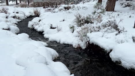 ein kleiner bach, der im winter durch den schnee fließt