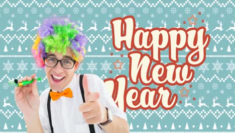 animation of happy new year text with caucasian man with party clothes