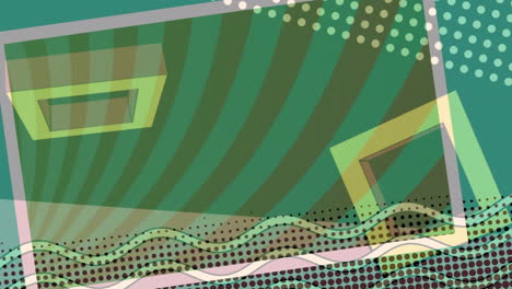 digital animation of colorful abstract shapes moving against green background
