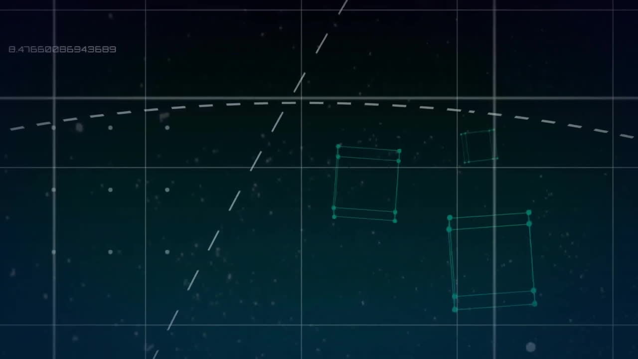 Animation of network of connections with shapes and data processing on black background