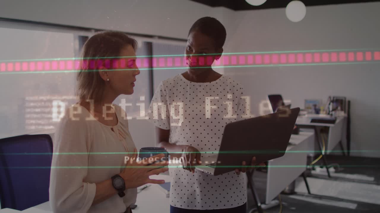 Animation of data processing over diverse business people in office