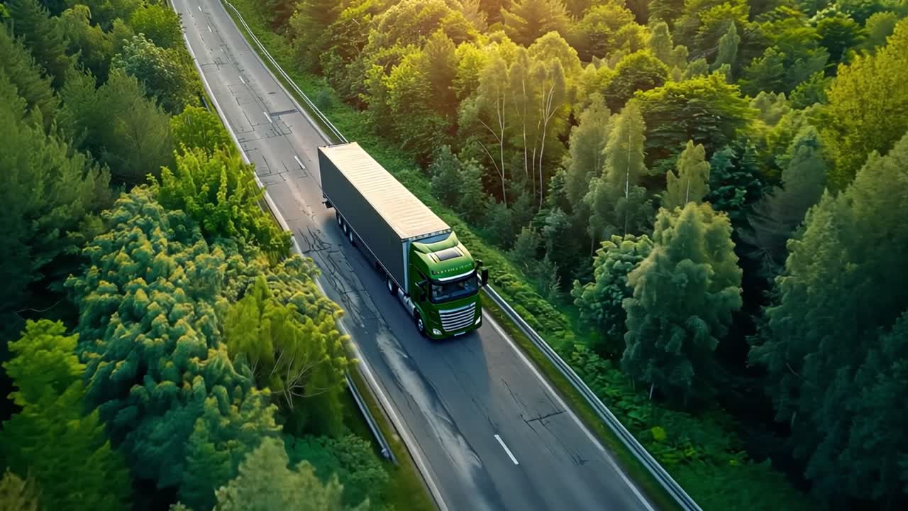 Ilmakuva vihreästä rekasta ajamassa metsävaltatiellä.