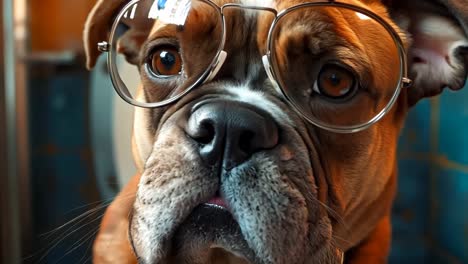 a dog wearing glasses sitting in a bathroom