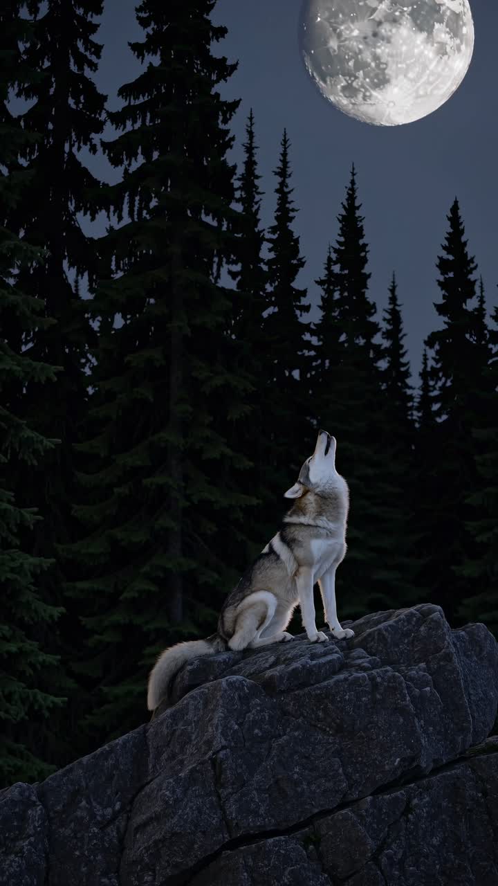 A wolf on a rock under a full moon, captured from a low angle. The scene evokes a cinematic video