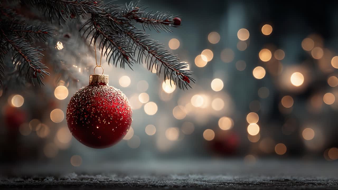 Uno straordinario primo piano di una decorazione festiva per l'albero di Natale con neve scintillante, ambientata su uno sfondo da sogno di luci natalizie che brillano delicatamente