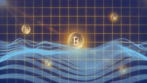 bitcoin symbols over grid and wave patterns, representing cryptocurrency and blockchain technology