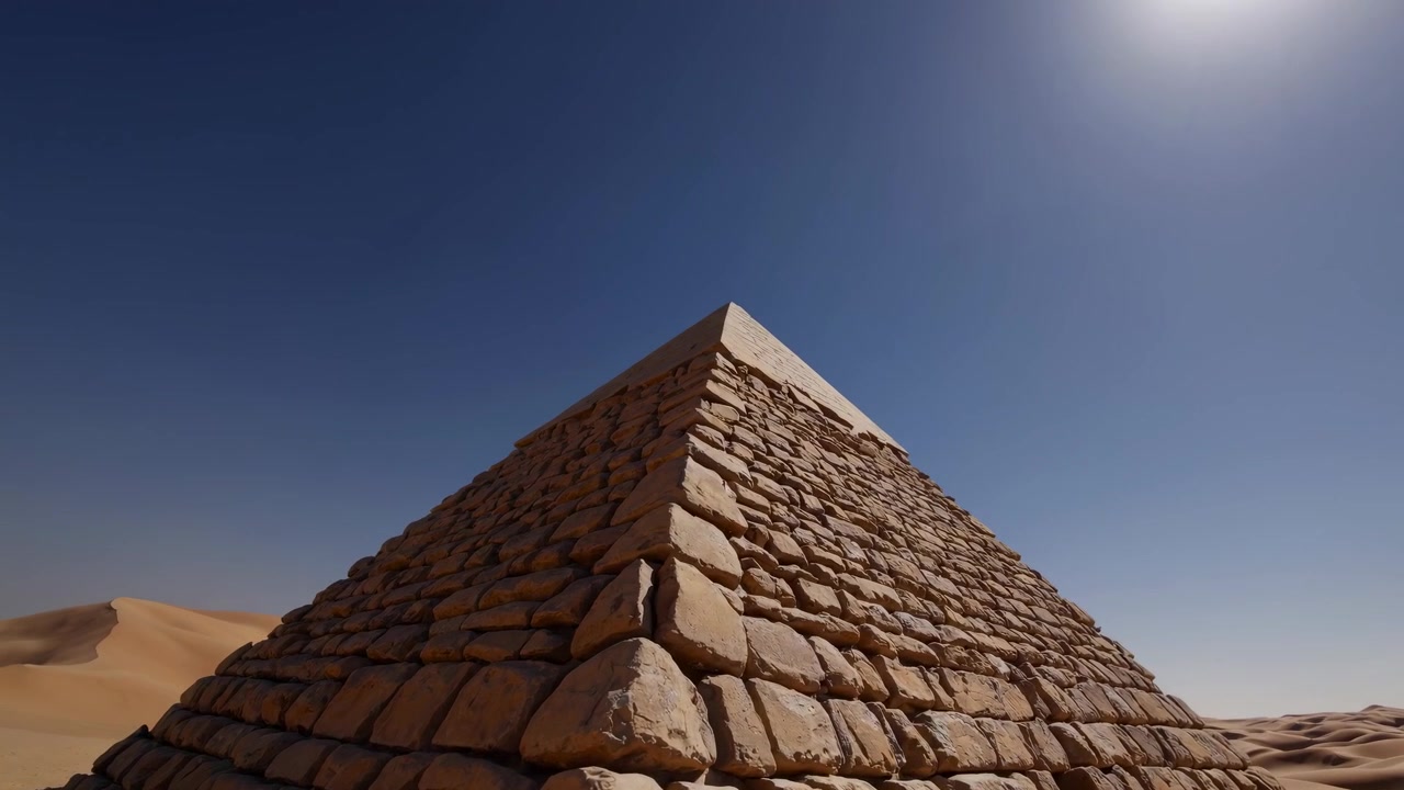 Starověká pyramida v rozlehlé pouštní krajině pod jasně modrou oblohou