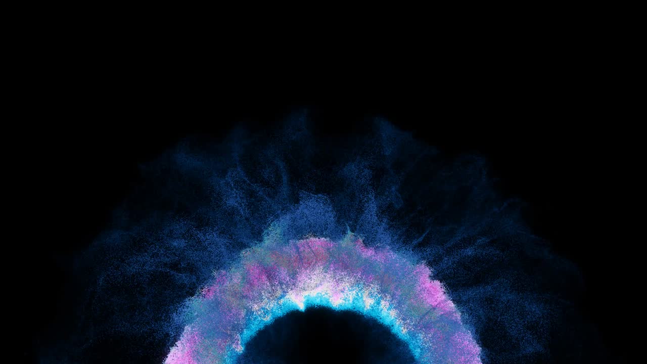 partículas multicolores iridescentes coloridas humo vívido gas brillante explosión de onda de choque animación creativa en negro