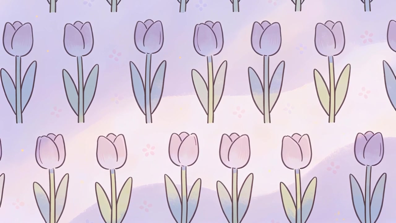 Loop starting repeating tulip pattern shifting upward on lavender wallpaper, diagonal band showing