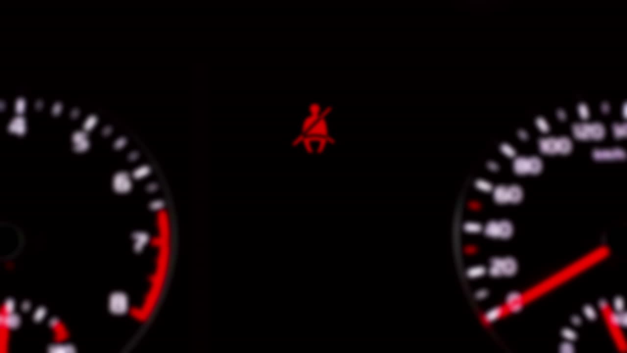 Intentionally blurred clip of a blinking flashing seatbelt warning icon, at the center of a modern car's dashboard, small and far