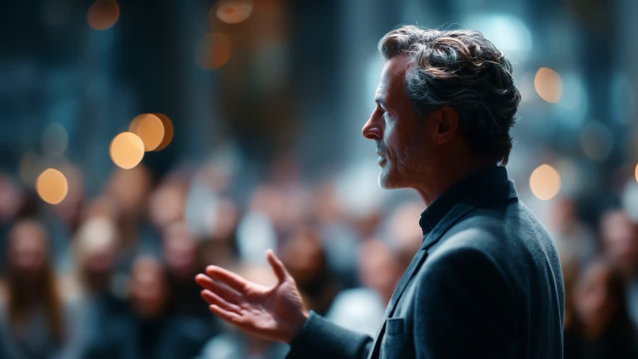 Boeiende spreker spreekt een enthousiast publiek toe in een betoverende sfeer vol zachte verlichting en een gevoel van verbinding en inspiratie
