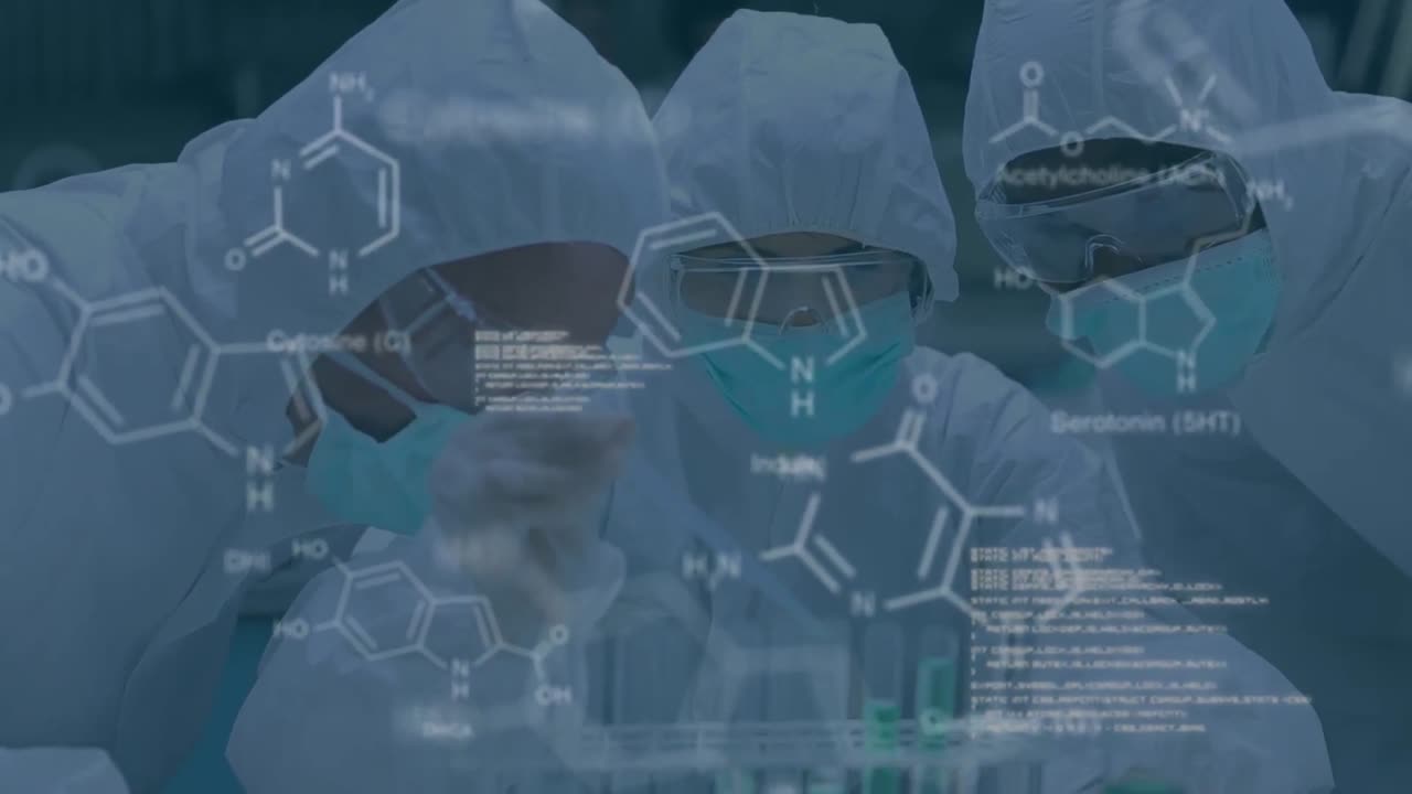 다양한 남녀 과학자들이 대화를 나누는 데이터 처리 애니메이션