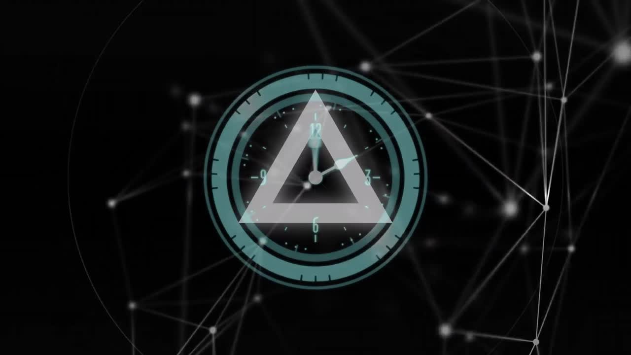 animación de un reloj que se mueve sobre triángulos pulsantes y constelaciones sobre fondo negro