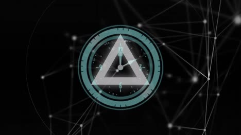Animation of clock moving over pulsating triangles and constellations on black background