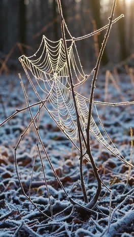 frozen spider web in the forest at sunrise