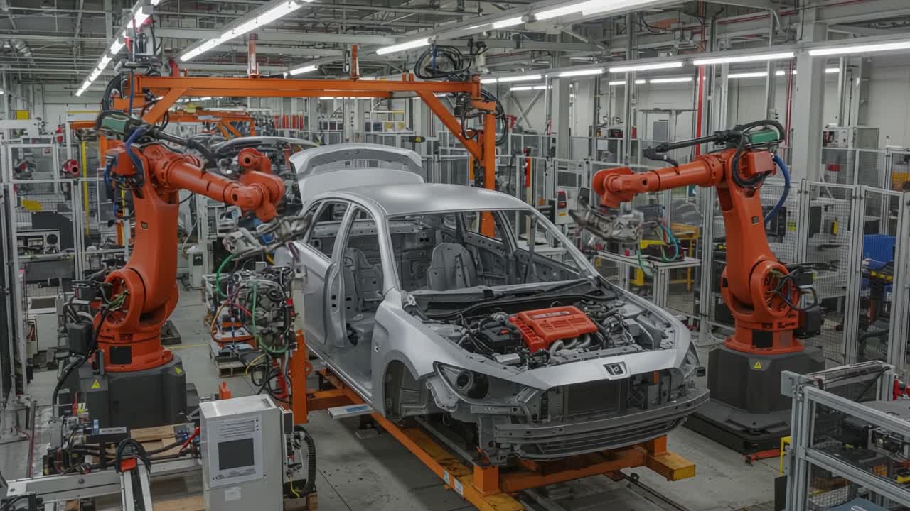Automated Assembly Line: Advanced Robotics Streamlining the Car Manufacturing Process with Precision Engineering and Innovative Technology in Production Facilities