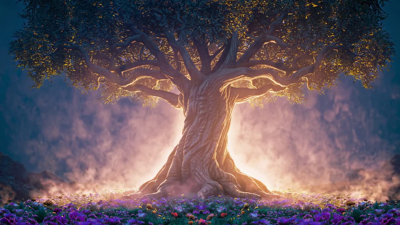 A mystical tree glowing with light, surrounded by flowers