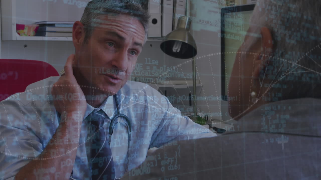 백인 남성 의사가 여성 환자와 대화하는 데이터 처리의 애니메이션