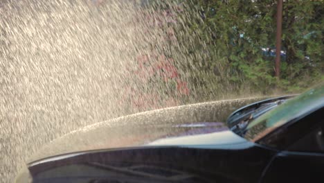 static view of hose spraying on car to wash it