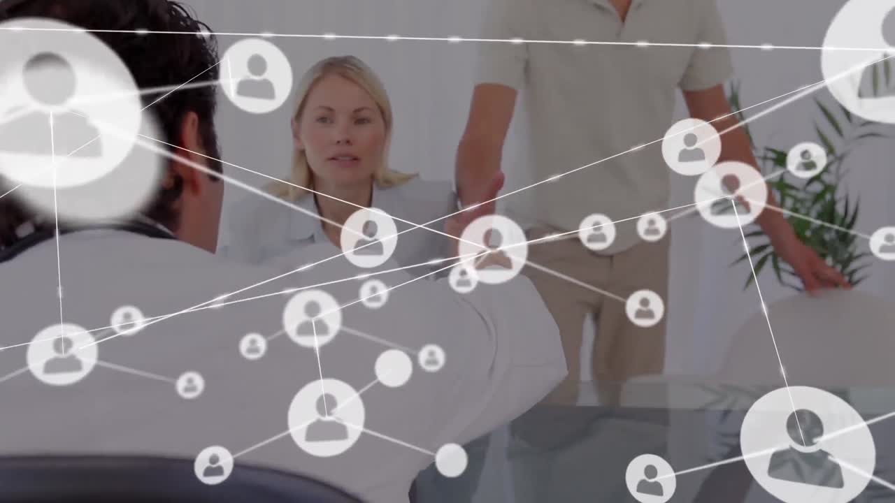 анимация сети икон профиля против белой пары, пожимающей руки врачу-мужчине