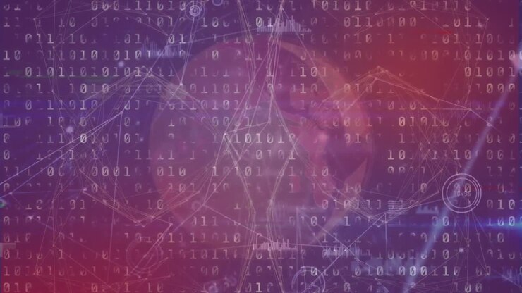 Animation of globe and moving graph and dots connected with lines over looping binary code