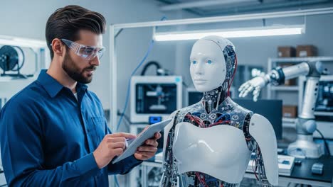 a researcher interacting with a highly advanced robotic assistant in a state-of-the-art laboratory, focusing on human-robot collaboration and ai integration technology