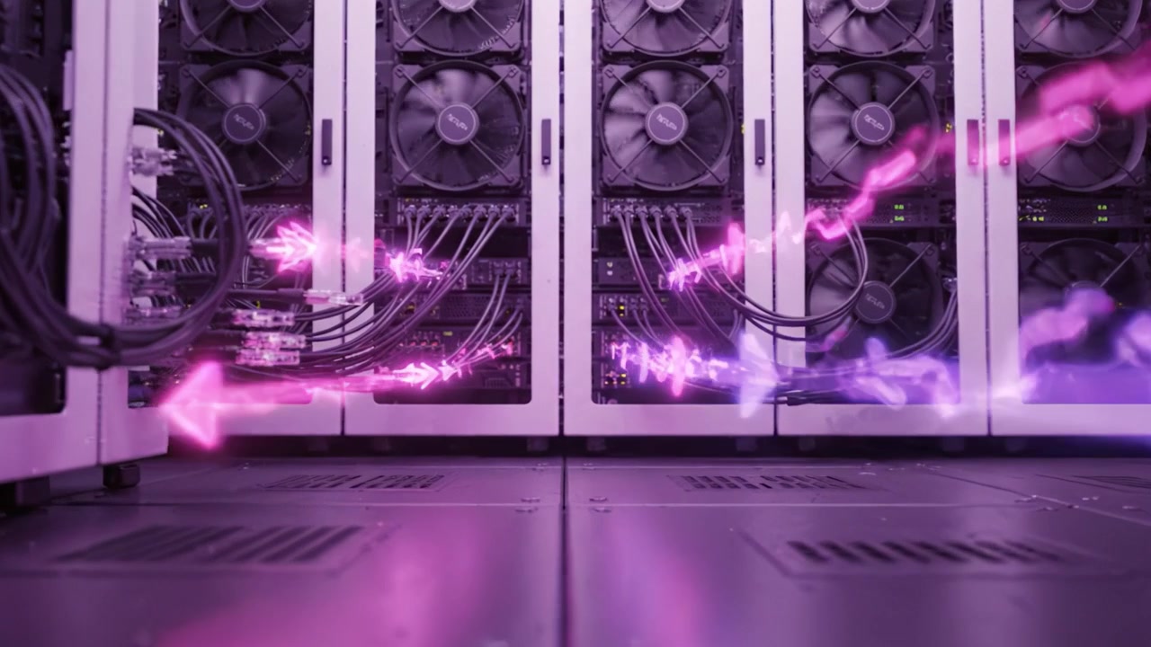 Højteknologisk datacenter med avancerede kølesystemer og kompleks kabling med levende lilla lyseffekter i et moderne computeromgivelser.