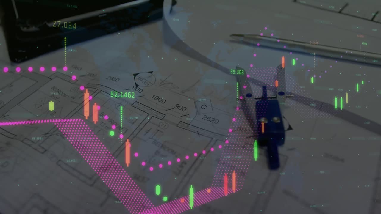 animación de estadísticas y procesamiento de datos financieros sobre planes de arquitectos y brújula