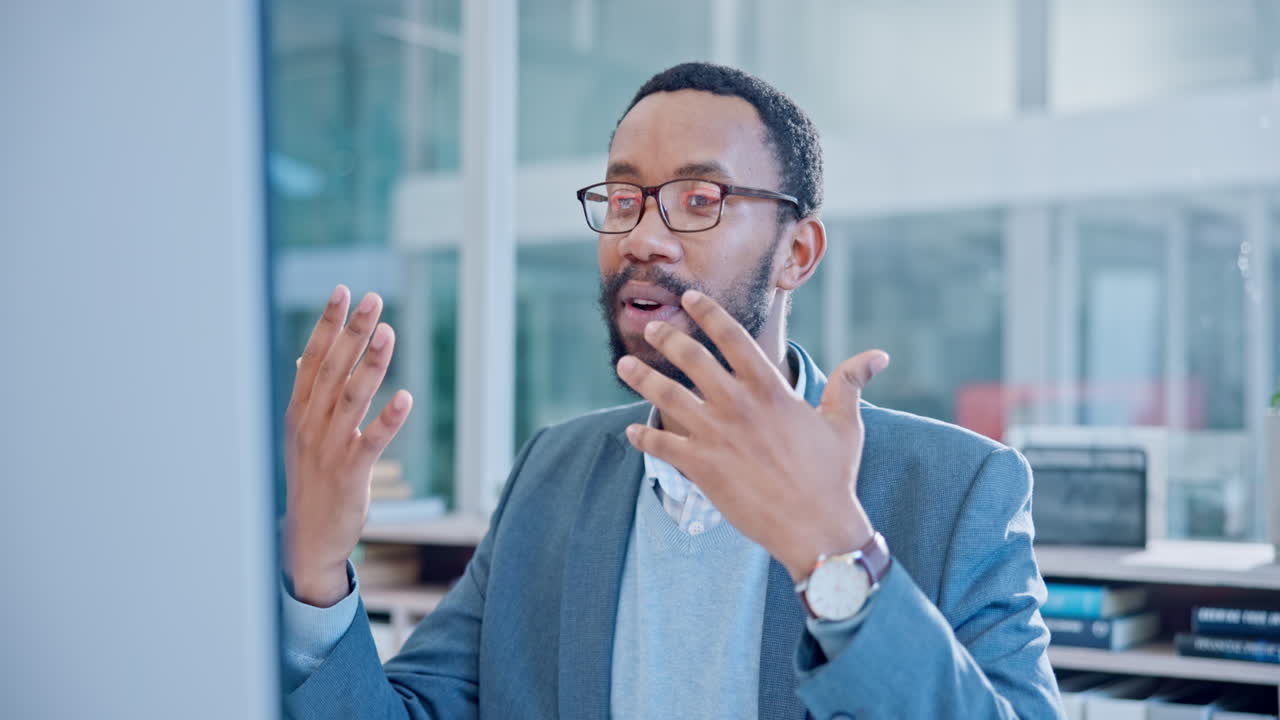 Computer, video call and black man in online