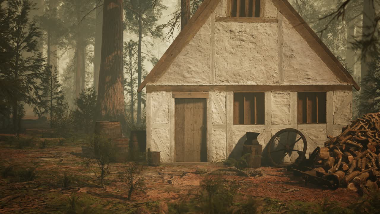 vieja casa de madera en el bosque de otoño
