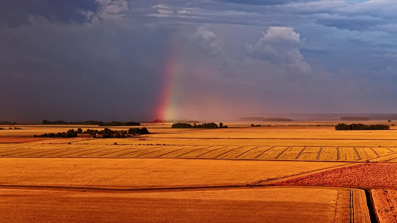 En livlig regnbåge når ner över vidsträckta gyllene skördade vetefält under en stormig himmel - flygfoto 4k.