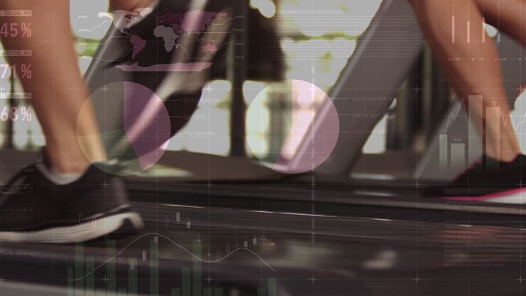 Animation of financial data processing over exercising person