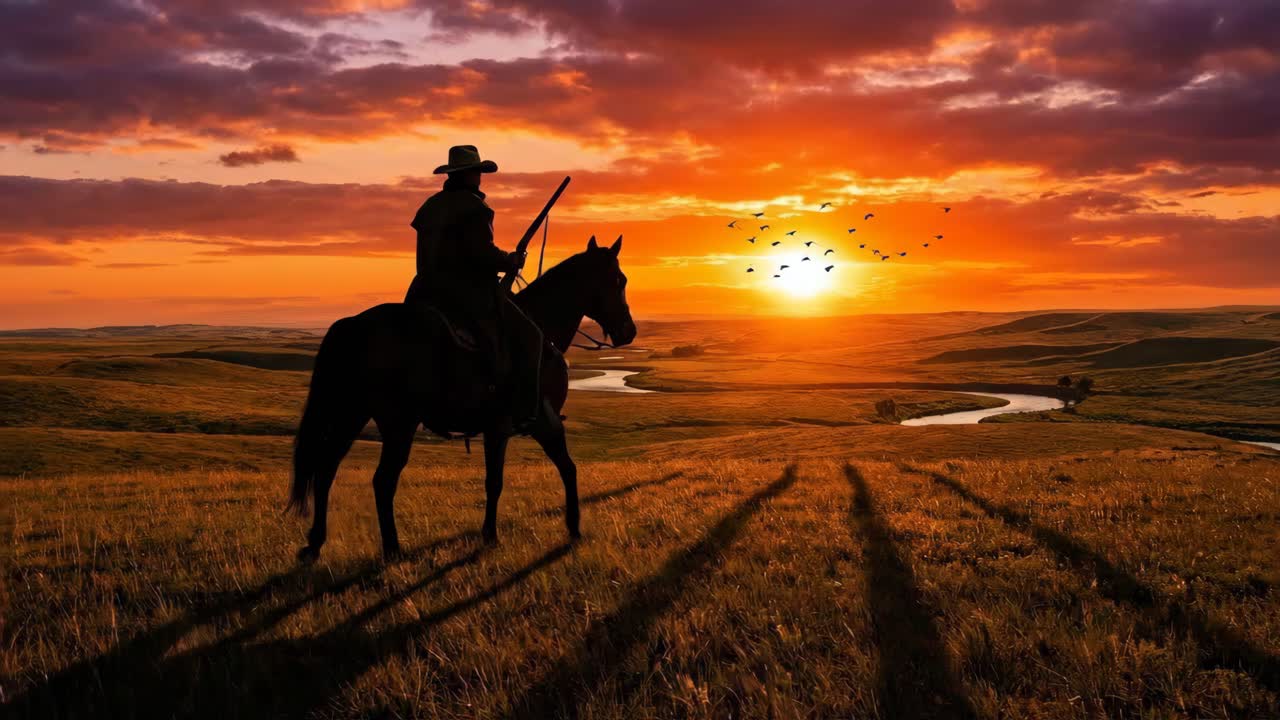 Cowboy a cavallo al tramonto