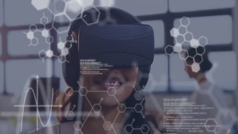 scientific data with woman wearing vr headset in a background 4k