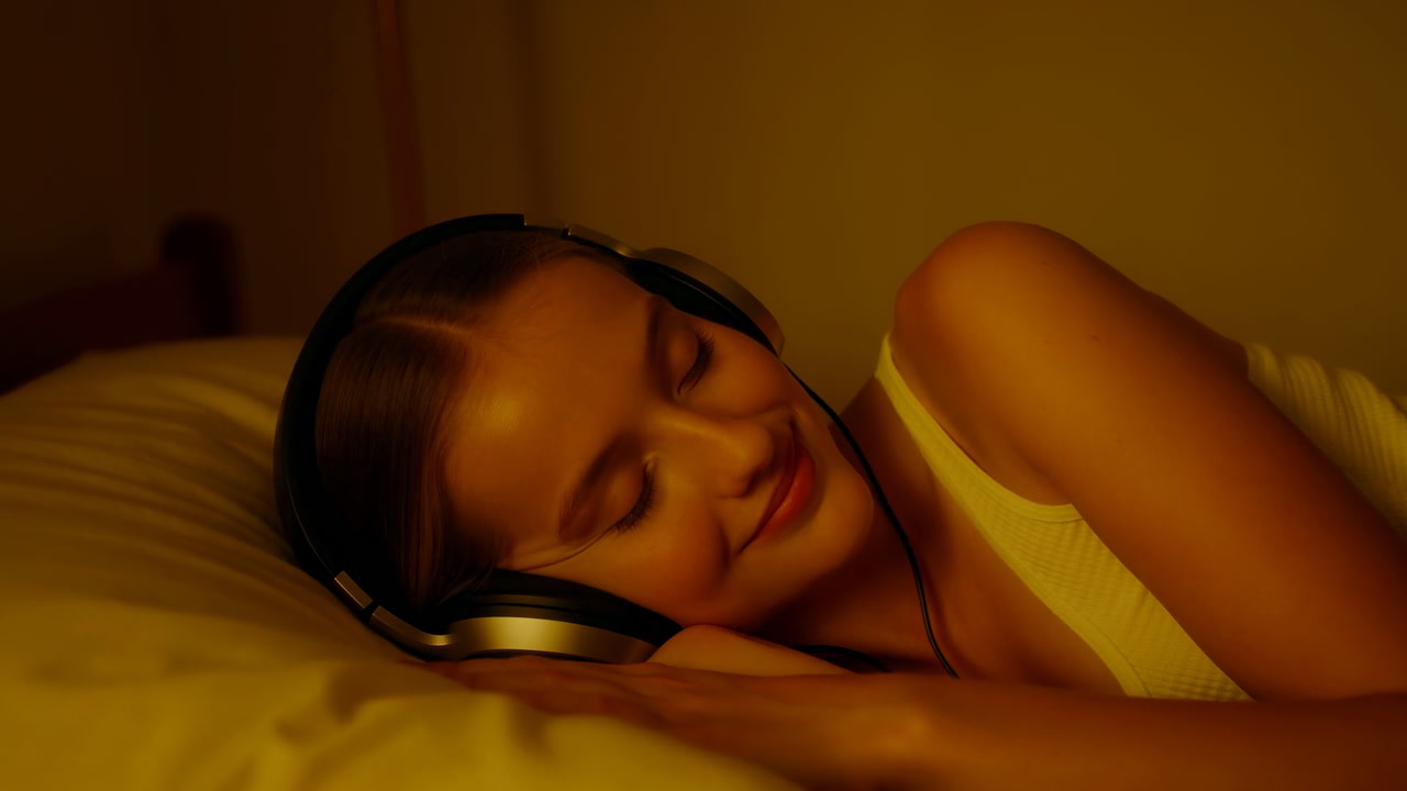 Woman Listening To Music In Bed With Headphones, Warm Amber Lighting Creating Latenight Mood, Eyes Closed