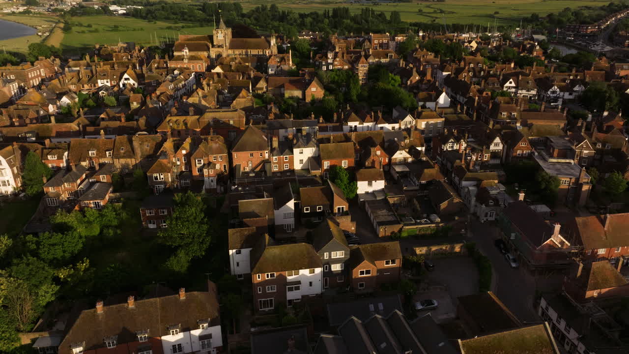 Aerial View Of Old Houses And Streets At Sunset In Rye Town, East Sussex, England, UK