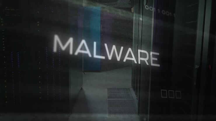 Animazione di testo malware con motivo di circuito stampato su sala server sullo sfondo
