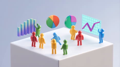 colorful figures interact with data visualizations symbolizing business analysis and teamwork