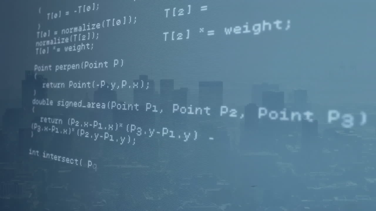 Animation of computer language on screen moving against modern buildings