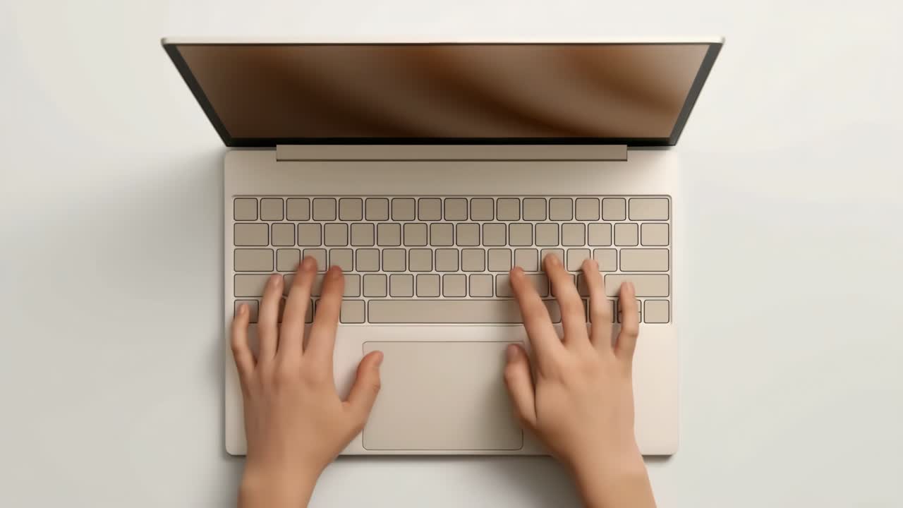 Vista cenital de manos escribiendo en un portátil, mostrando un espacio de trabajo minimalista y moderno