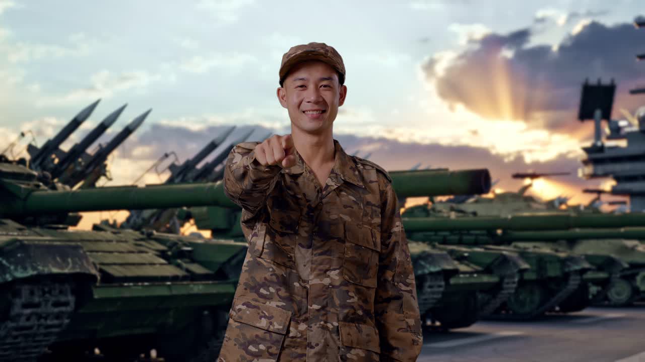 Soldado asiático sonriendo y tocándose el pecho para luego señalarte mientras está de pie junto a un tanque