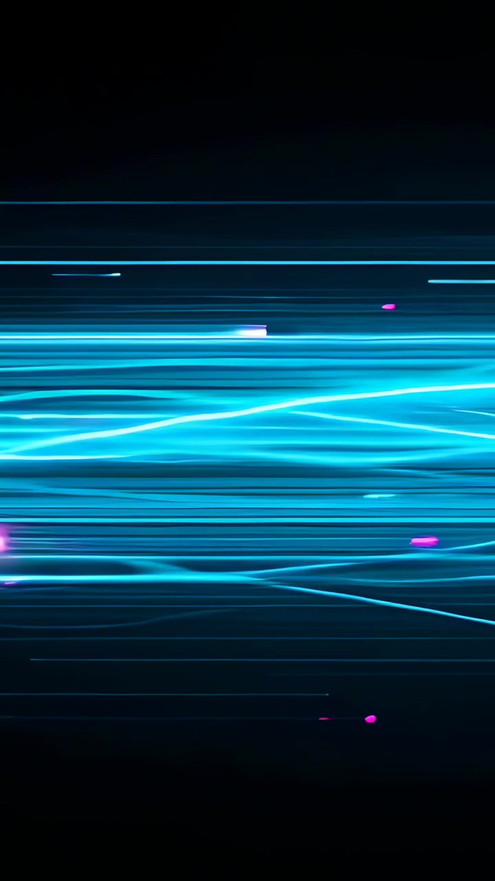 Video verticale: Impulsi magenta che generano un nastro ciano che scorre nello spazio virtuale, mostrando il flusso di dati.
