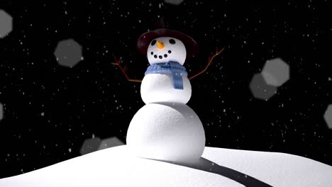 animation of snow falling, snowman and christmas fairy lights flickering over black background