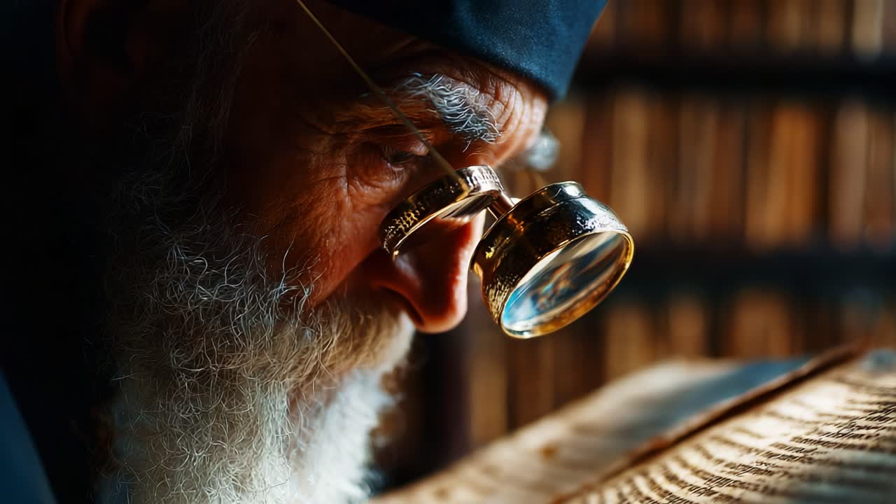 A Thoughtful Elder Examines Ancient Texts Through Magnifying Glass, Surrounded by Timeless Books in a Warmly Lit Library, Showcasing Wisdom and Discovery in Scholarly Pursuits