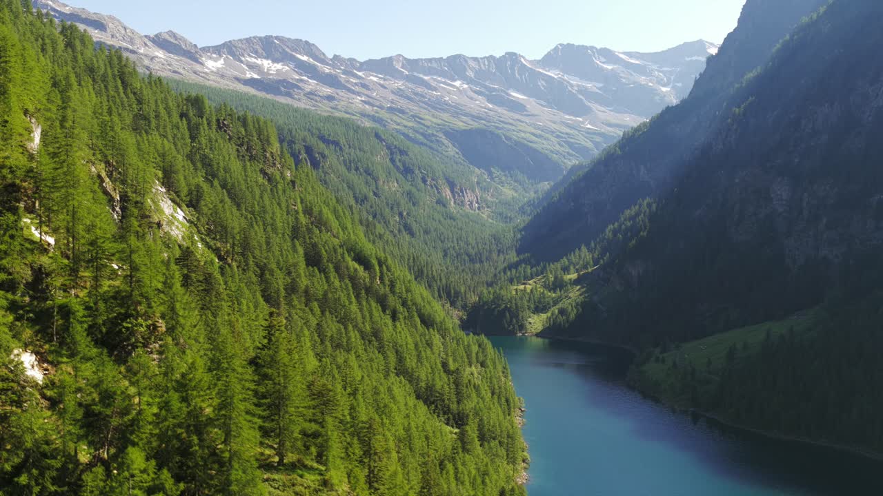 Cinematic aerial lake and mountains with pine forest, Lago di Campliccioli, Antrona, Italy