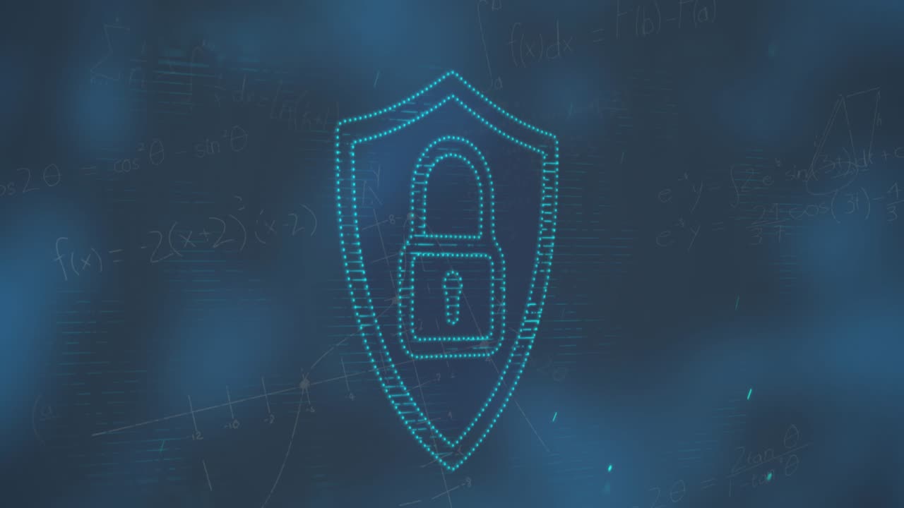 Animation of light over digital padlock and math formulas on navy background