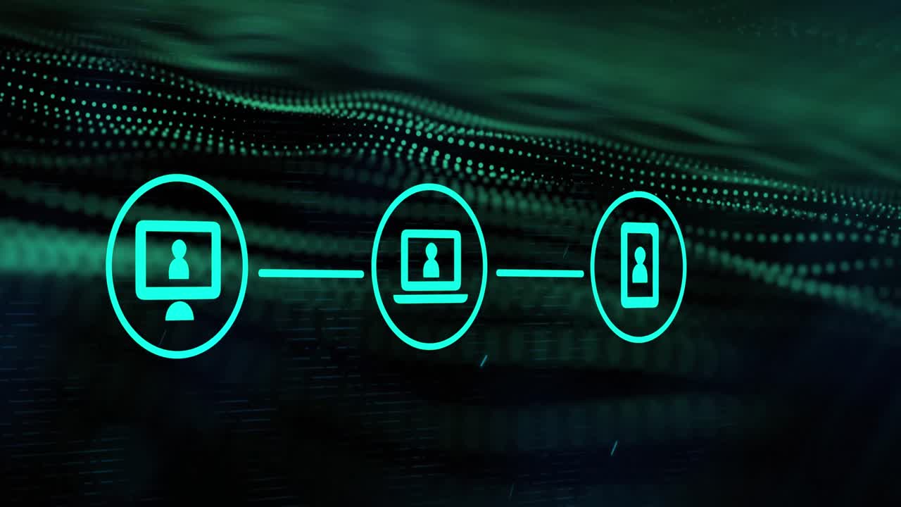 Animation of media icons and spots on black background