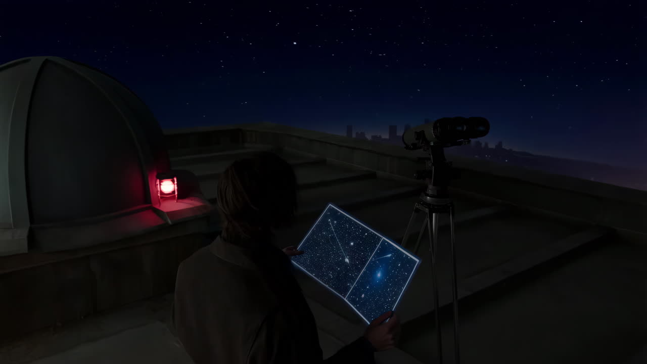 Man Stargazing with a Telescope and Star Map on a City Rooftop at Night